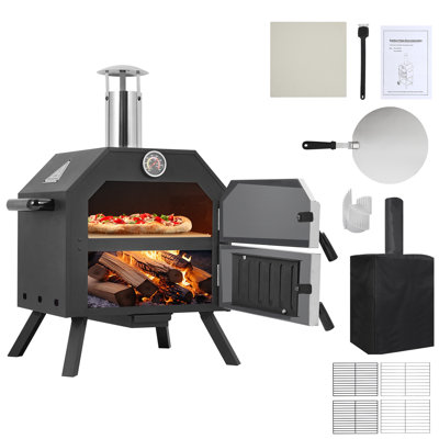 Four à pizza portatif au bois - Support carré en pierre et gril 21,5 * 12 * 28 pouces - Machine à pizza d'extérieur à chauffage rapide avec thermomètre et couvercle - Pieds et roues pliables pour la cour, le camping, le patio - Noir