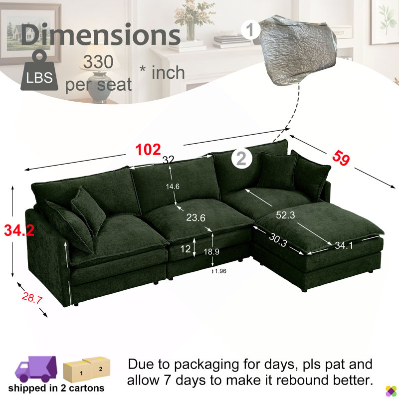 Madteos 105"W Modular Chenille LAF RAF Sectional, Sofa Couch, 3 Seater, Green Chenille