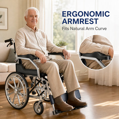 Adult Wheelchair, 22-inch Ergonomic Foldable Aluminum Transport Wheelchair with Flip-Up Armrests and Brakes
