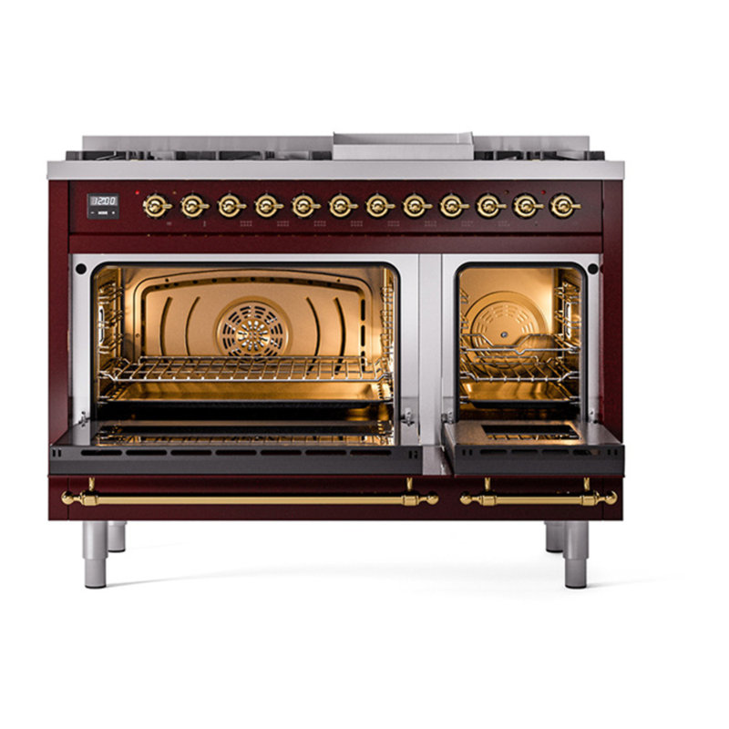 ILVE Nostalgie II Series 48 in. Dual Fuel Range with 8 Sealed Burners, Griddle (Liquid Propane, Solid Door), Burgundy/Brass
