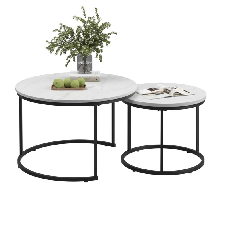 Set of 2 Round Nesting Coffee Tables, Rustic Brown Wood Grain Stacking Side End Tables with Matte Black Metal Frame, Industrial Nestable Accent Table for Living Room, Small Apartment & Condo