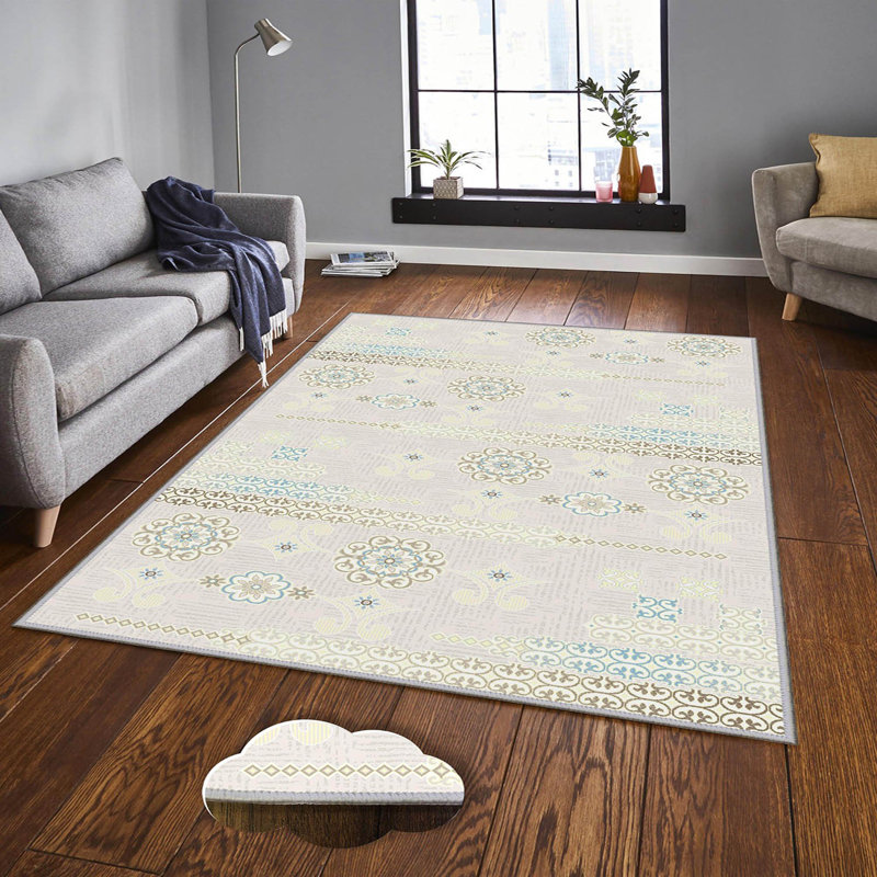 Tapis bleu / crème en polyester tissé à la machine Yeldell, Tapis de couloir 3 pi 3 po x 9 pi 10 po