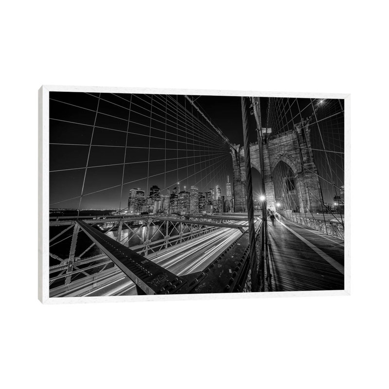 Brooklyn Bridge Lights by Stefan Schilbe - Print on Canvas, 45.72cm H x 66.04cm W x 3.81cm D, White Floater Framed