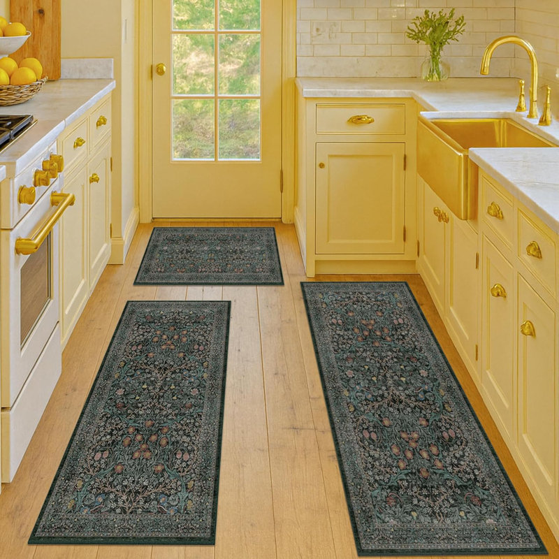 Vintage Botanical Kitchen Rugs Sets of 3, Non-Slip Washable Floor Rug, 20"x32"+20"x48"+20"x59", Dark Green/Black