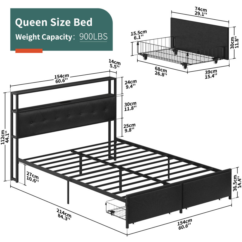 Lakeeya Bed Frame with Headboard, Metal Platform Bed Frame, Storage Bed with Charging Station, Queen