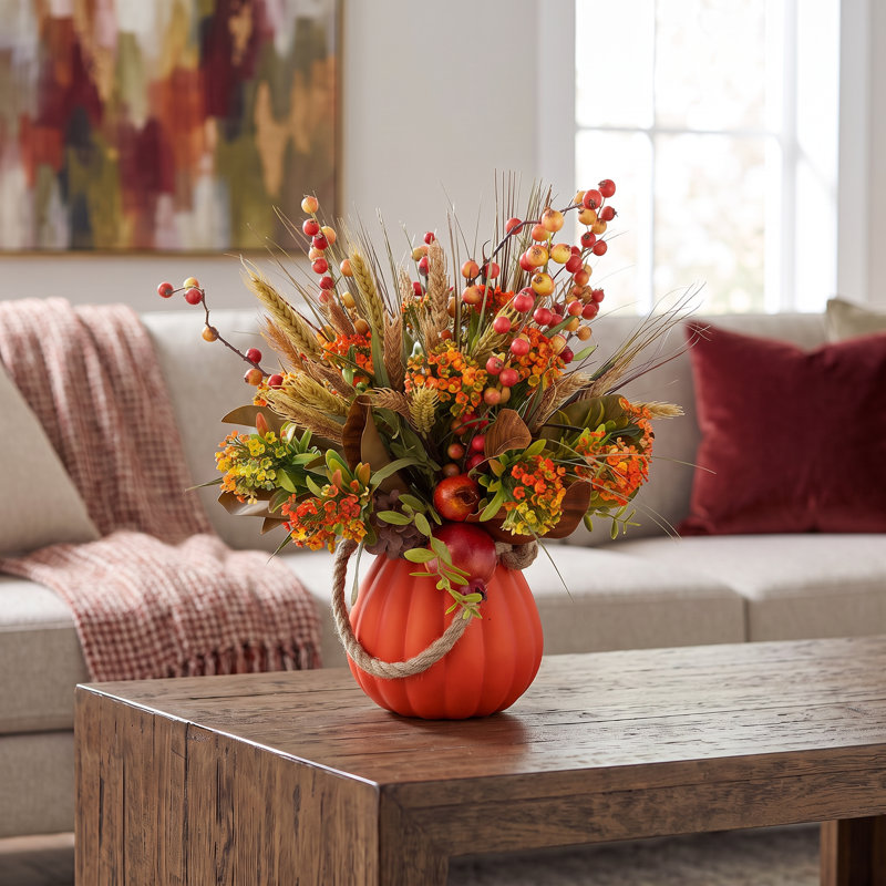Pomegranate and Wheat Arrangement in Glass Pumpkin Vase