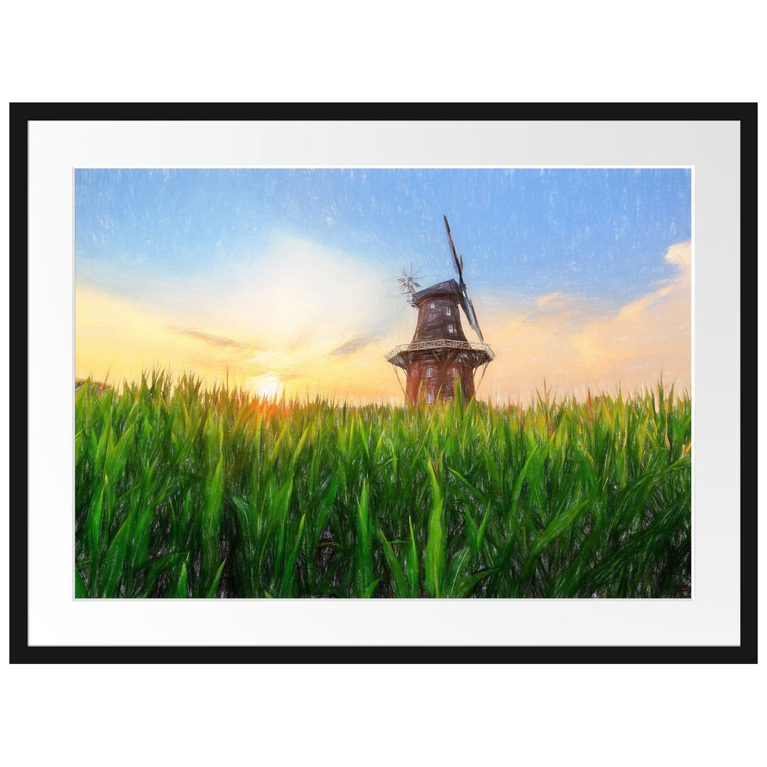 Gerahmtes Poster Schöne Windmühle auf dem Feld