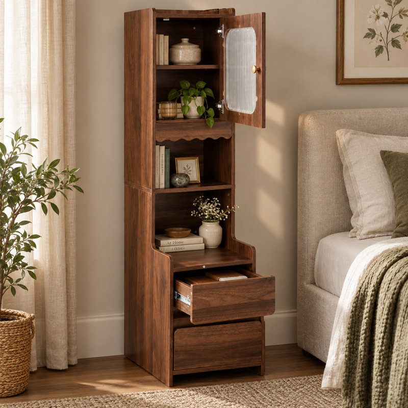 Armoire de rangement haute et étroite avec porte en verre cannelé, 2 tablettes ouvertes et 2 tiroirs, meuble de rangement autoportant en noyer