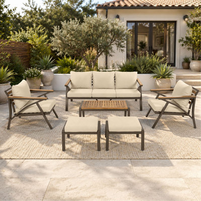 Ensemble de 6 meubles de patio pour l'extérieur - canapé 3 places, 2 fauteuils, 2 repose-pieds et table basse, sièges rembourrés pour la cour, le jardin, le bord de la piscine
