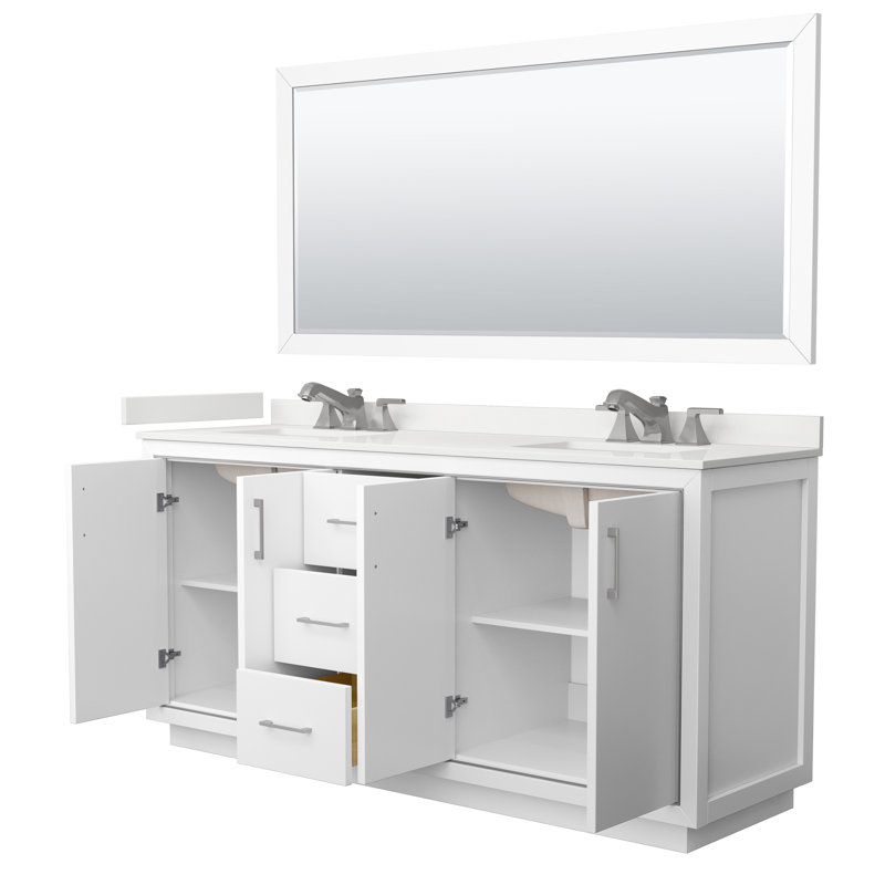 72 in. Double Vanity with Mirror, White Quartz, White, Brushed Nickel