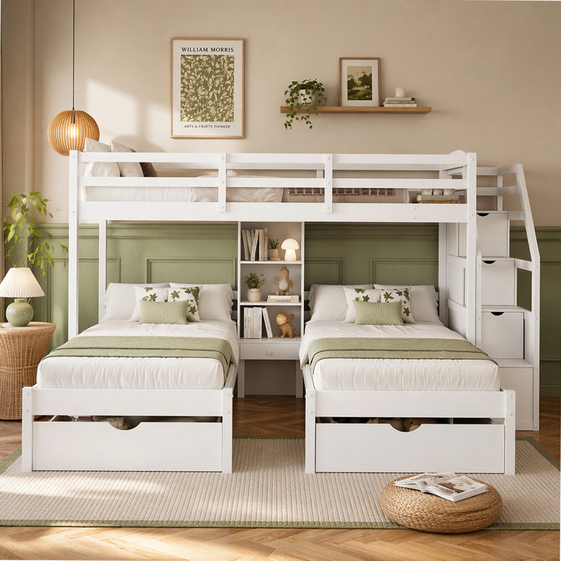 Lit superposé simple au-dessus de simple et simple, lit superposé triple avec tiroirs, escalier avec rangement, tablettes intégrées, blanc (ETA: 1,14)