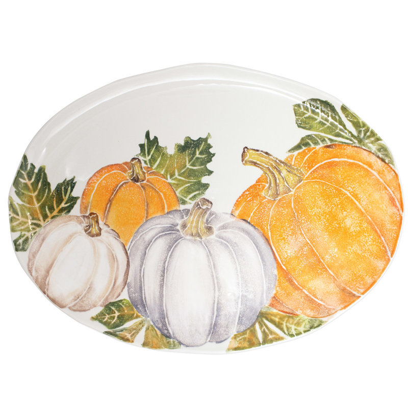 Multicolored Ceramic Thanksgiving Oval Platter with Pumpkins