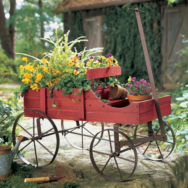 Blue Wooden Wagon Planter with Iron Wheels for Indoor/Outdoor Use