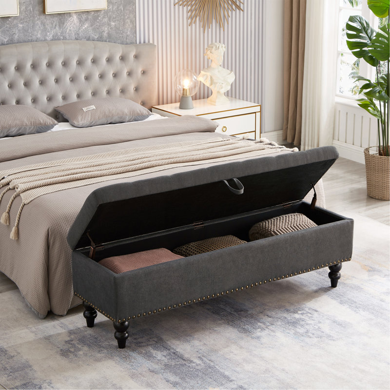  59 Inch Modern Upholstered Bed Bench with Storage, Entryway Accent Bench for Bedroom or Hallway Seating, Grey, Gray