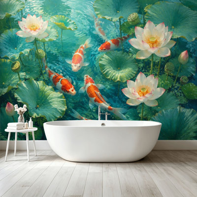 Peel and Stick Wallpaper Wall Mural Koi Fish Lotus Pond Lotus Blossoms Lily Pads Turquoise Water Wall Art Self Adhesive and Removable