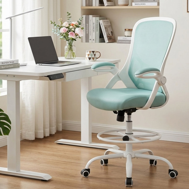 Chaise de bureau ergonomique en filet avec hauteur réglable et repose-pieds pour le bureau personnel, Bleu, Blanc
