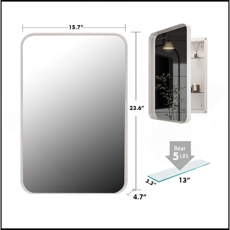 16X24 Inch Recessed White Metal Framed Medicine Cabinet With Mirror And Adjustable Shelves Black Wall Mirror With Storage For Bathroom