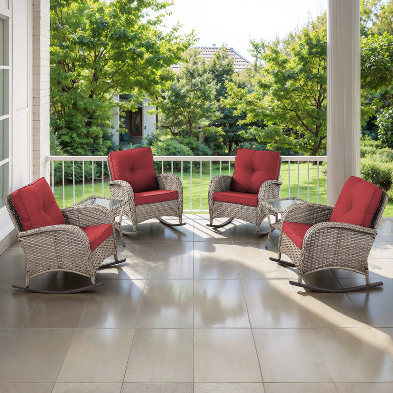 Ensemble de chaises berçantes d'extérieur en osier toutes saisons avec table d'appoint (ensemble de 4), Rouge, Gris