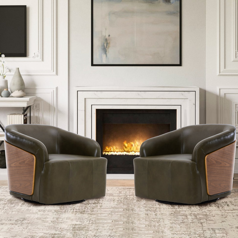 Fauteuil demi-tonneau pivotant en cuir véritable (ensemble de 2), Vert olive
