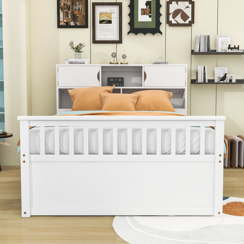 Lit plateforme double en bois avec tiroirs, tête de lit et tablettes, Blanc
