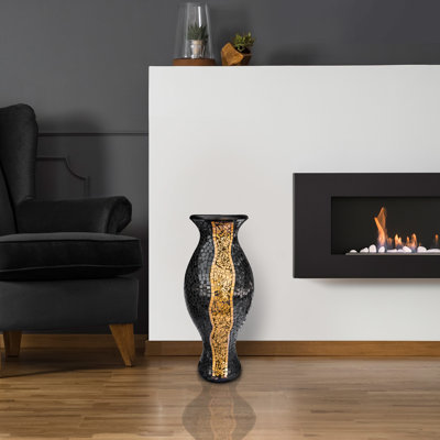Vase de sol Zorigs, vase en mosaïque de 24 pouces - grand cylindre en terre cuite avec des pièces de mosaïque en verre noir et or - pièce décorative décorative fabriquée à la main pour chambre à coucher, salon, bureau