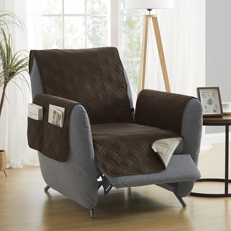 Dark Brown Quilted Polyester Recliner Slipcover with Pockets