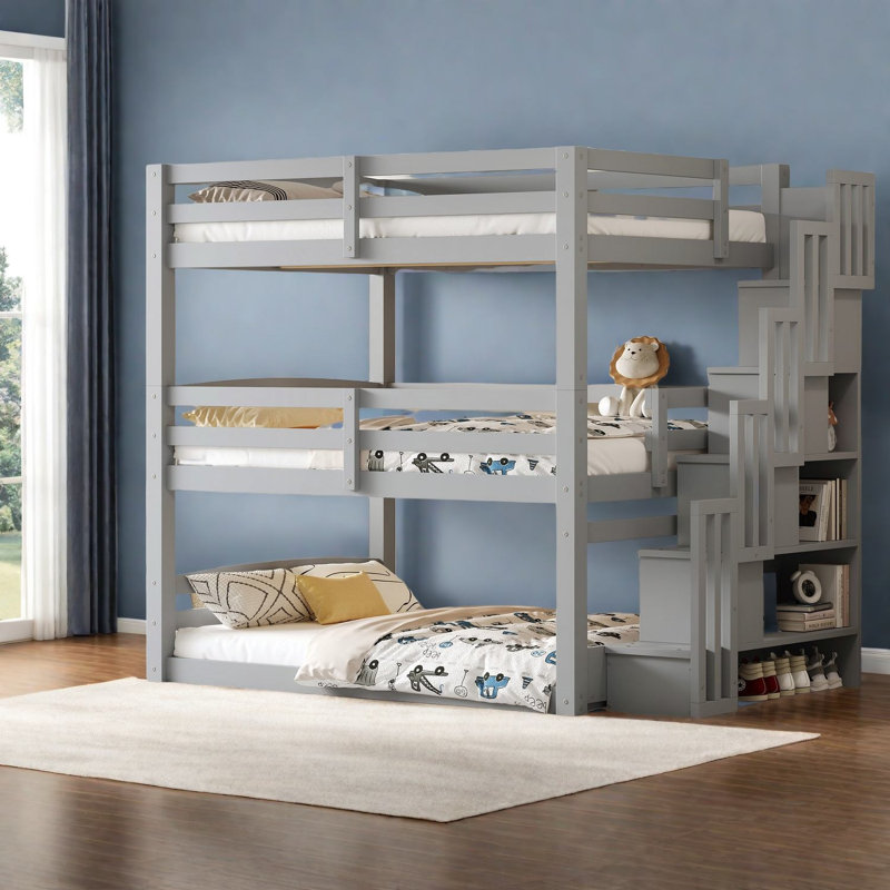 Spacious Gray Wood Triple Bunk Beds With Storage For Family Use