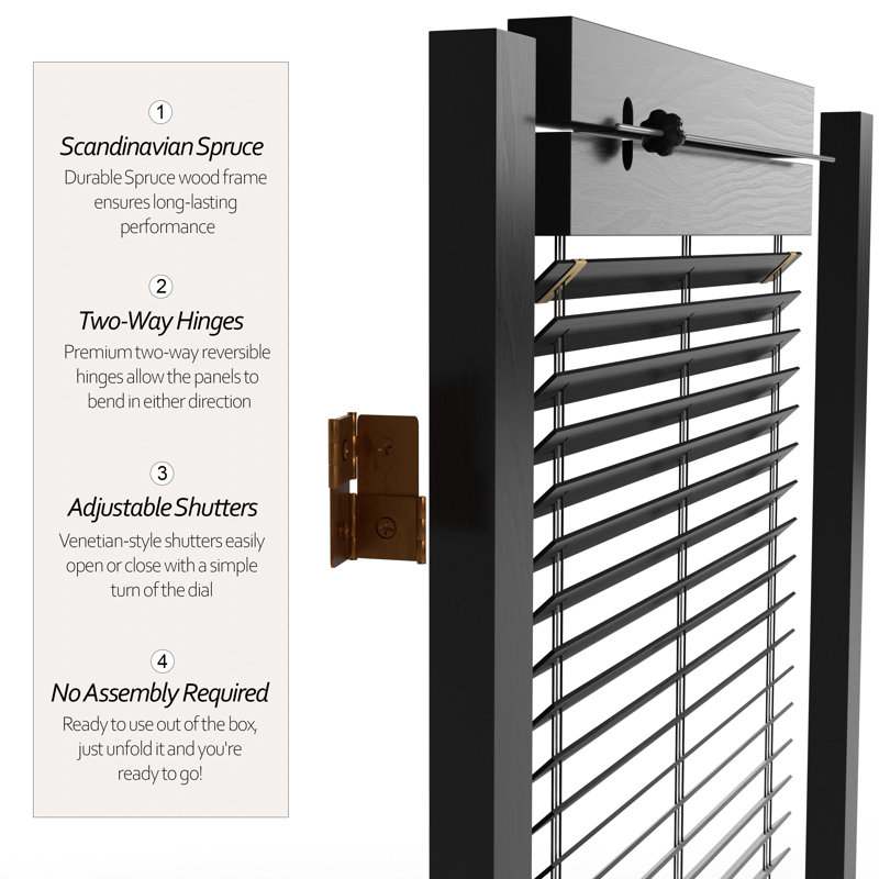 6 Ft. Tall Adjustable Shutter Room Divider White 3 Panel, Black, 4