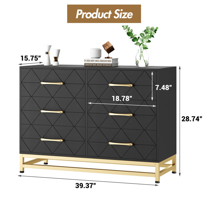 Commode double 6 tiroirs 39 po avec poignées dorées