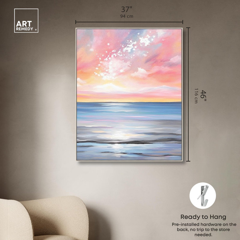 Whimsical Ocean Breeze Blue Canvas Coastal Wall Art with Silver Frame
