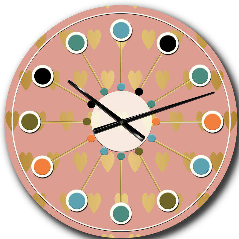 Cœurs dorés sur rose - horloge murale moderne Mid-Century, Grand