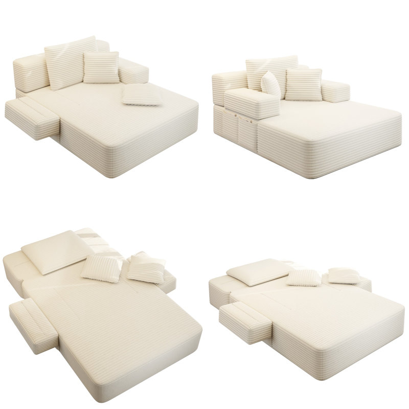 Chaise longue en velours côtelé moelleux avec 3 coussins, canapé-lit convertible avec fermeture à glissière cachée et poche latérale, conception sans cadre, aucun assemblage requis pour les petits espaces, salon, appartement
