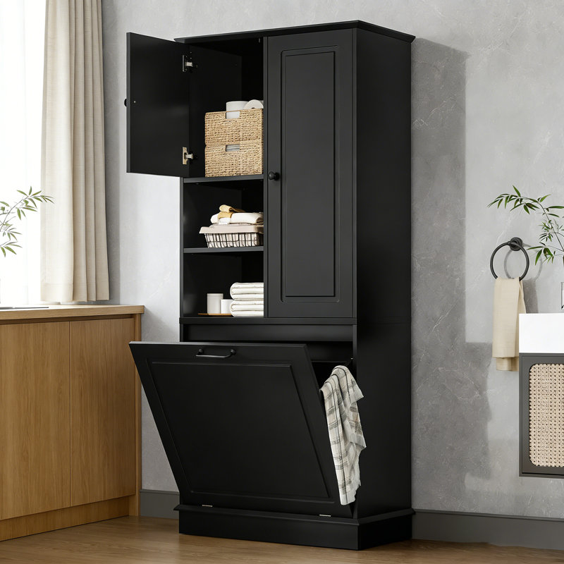Armoire de salle de bain en panneau de fibres à densité moyenne de 30 po avec tablettes réglables, grand panier rabattable et armoires fermées, pour le rangement dans la salle de bain, le salon, le bureau