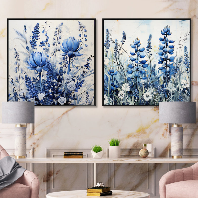 Blue Bonnets - collage floral - ensemble de 2 collages floraux carrés, Cadre flottant noir, H 16 po x l 33 po