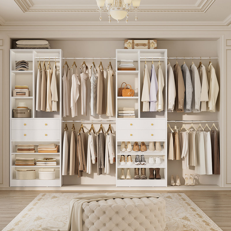 Closet System with 4 Wooden Drawers and Shoe Racks, White