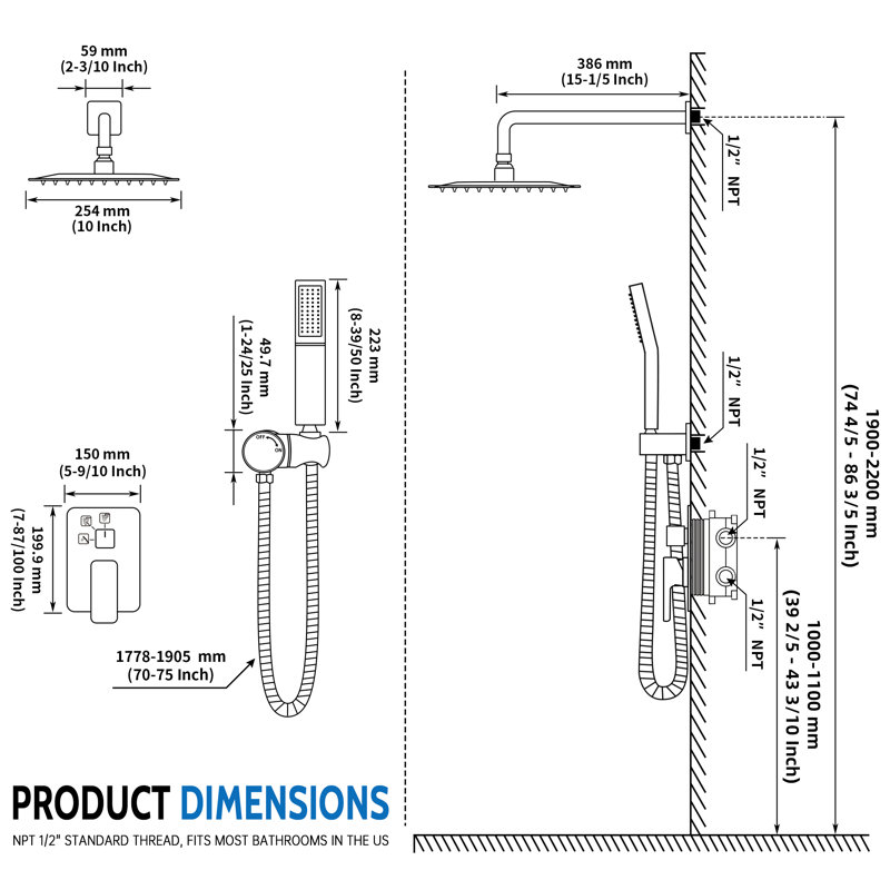 10" Rainfall Shower Head Complete Shower System with Rough-in Valve, Brushed Nickel