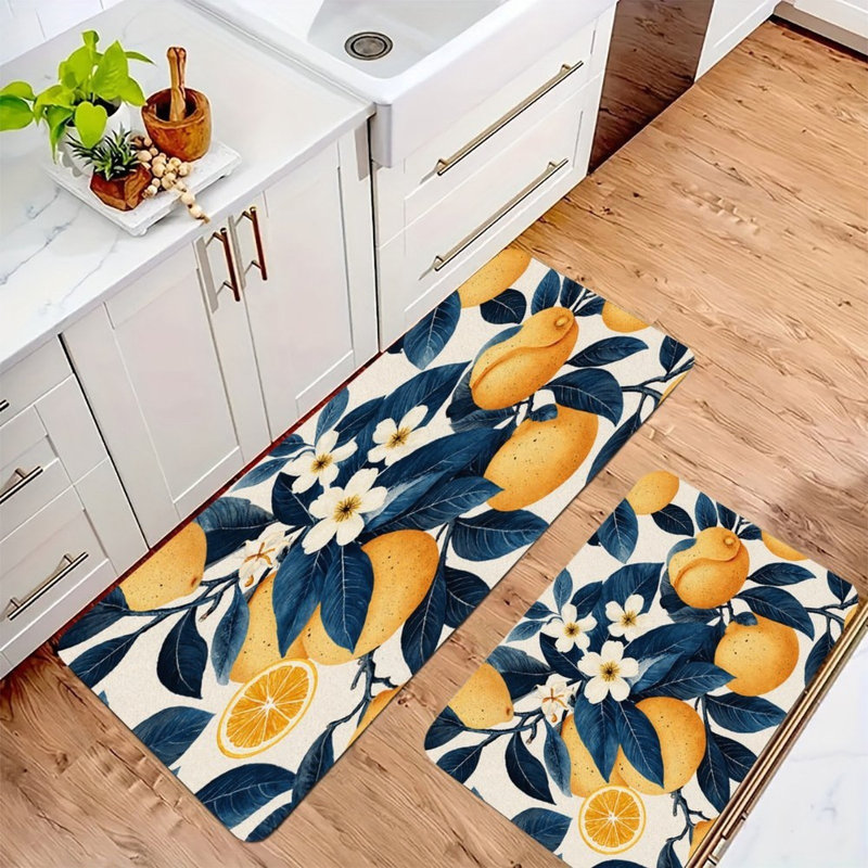 Orange & White Flower, Kitchen Mats Set Of 2, Ivory Floral