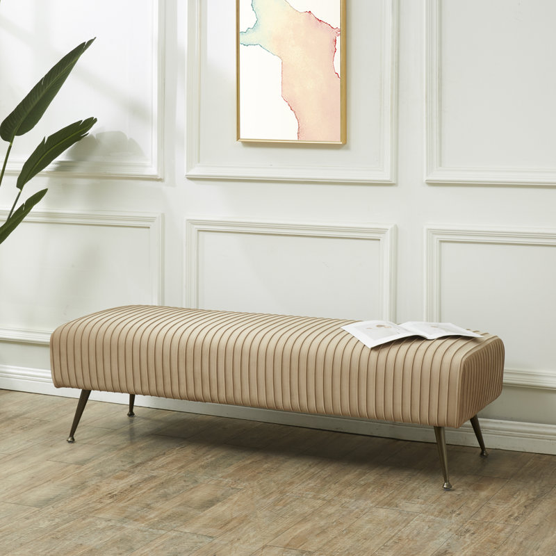 Upholstered Entryway Bench, Almond Velvet, Antique Brass
