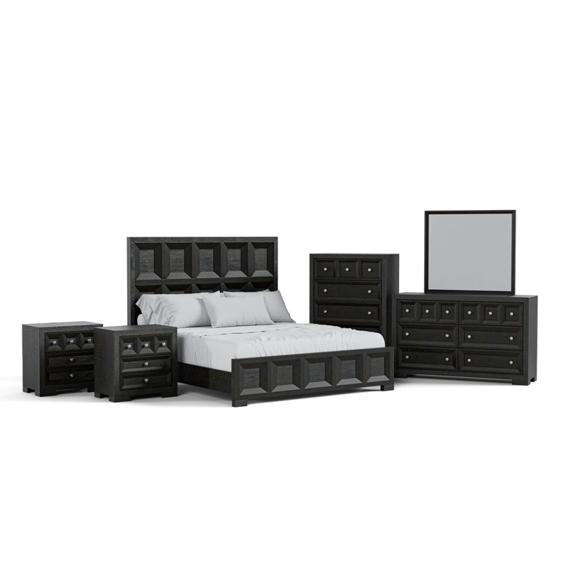 Schell 6-Piece Bedroom Set, King, Black, 6 Pieces:Bed,2Nightstands,Dresser,Chest, Mirror