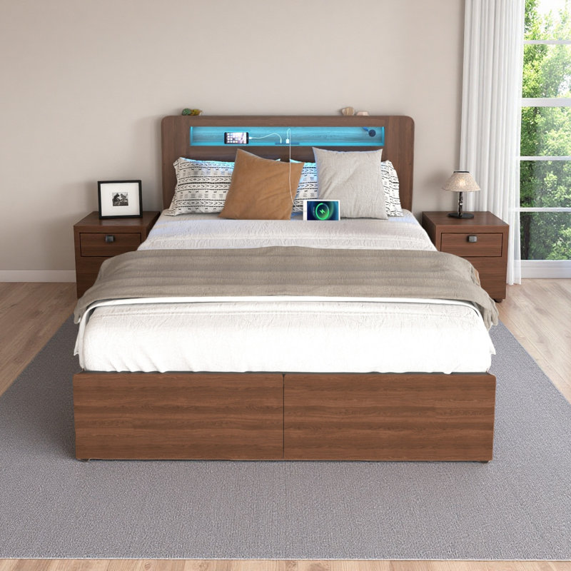 Base de lit en bois de style campagnard avec tablette et 2 tiroirs de rangement, tête de lit à DEL avec rangement, sans bruit, aucun sommier requis et assemblage facile