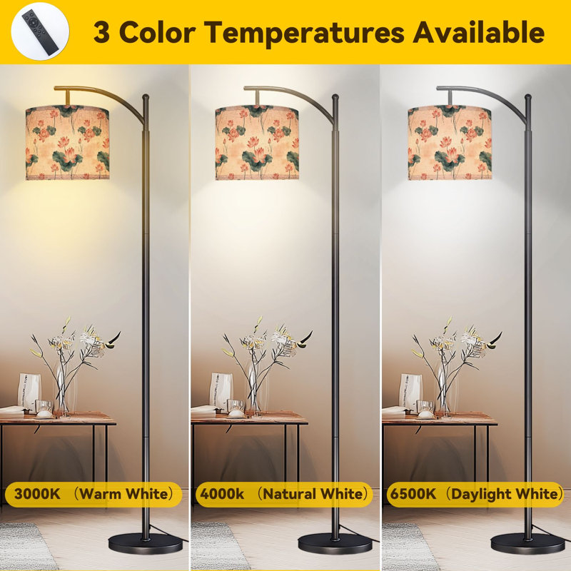Arc Floor Lamp Pink Lotus Flower Dark Green Leaves Soft Beige Floor Lamps with Remote LED Lights Adjustable Lamp Shades Tall Standing Lamps for Reading Office Living Room