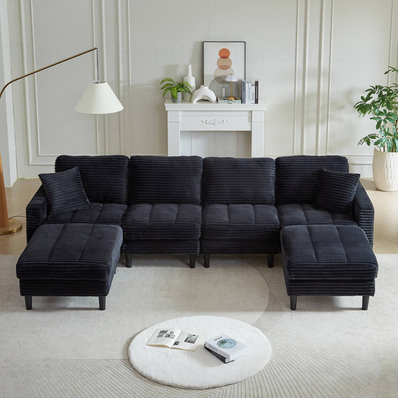 Canapé modulaire en U avec 2 coussins, Velours côtelé noir
