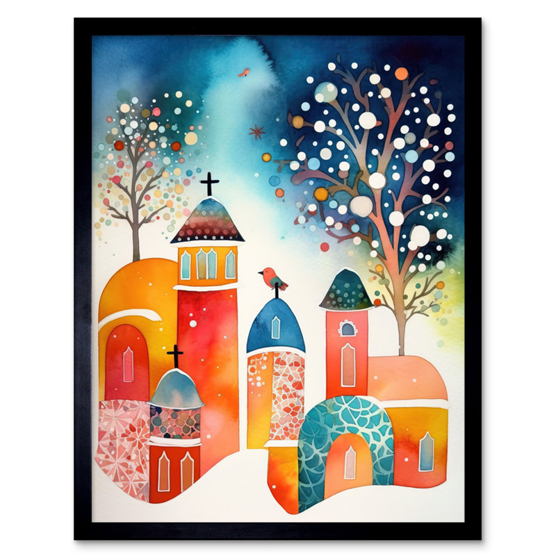 Winter Churchyard Snowfall Trees Folk Art Artwork Framed Wall Art Print 9X7 Inch