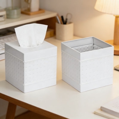 Hand-Hammered Metal Tissue Box Cover With Decorative Square Design For Home And Office