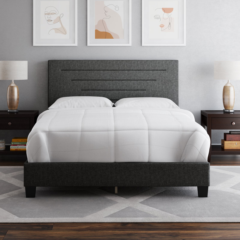 Charcoal Linen Upholstered Full Platform Bed with Headboard