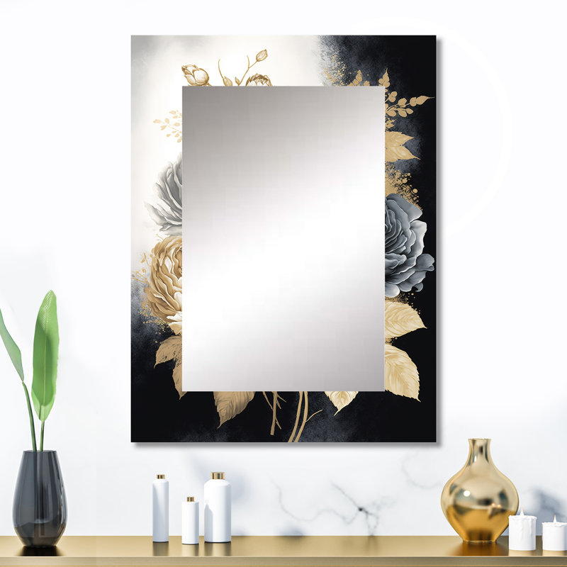 White, Gold And Black Rose Bouquet II - Traditional Wall Mirror, 32" x 24"