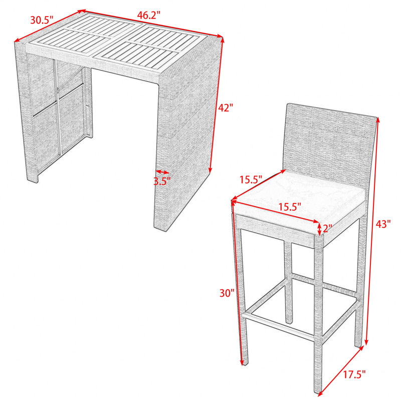 5-Piece Outdoor PE Wicker Bar Set with 4 Bar Height Chairs, Removable Cushions and Wood Table Top