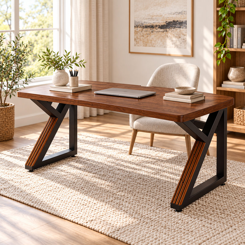 Bureau double extra long Manis de 140 cm (55,1 pouces) en bois massif pour bureau à domicile