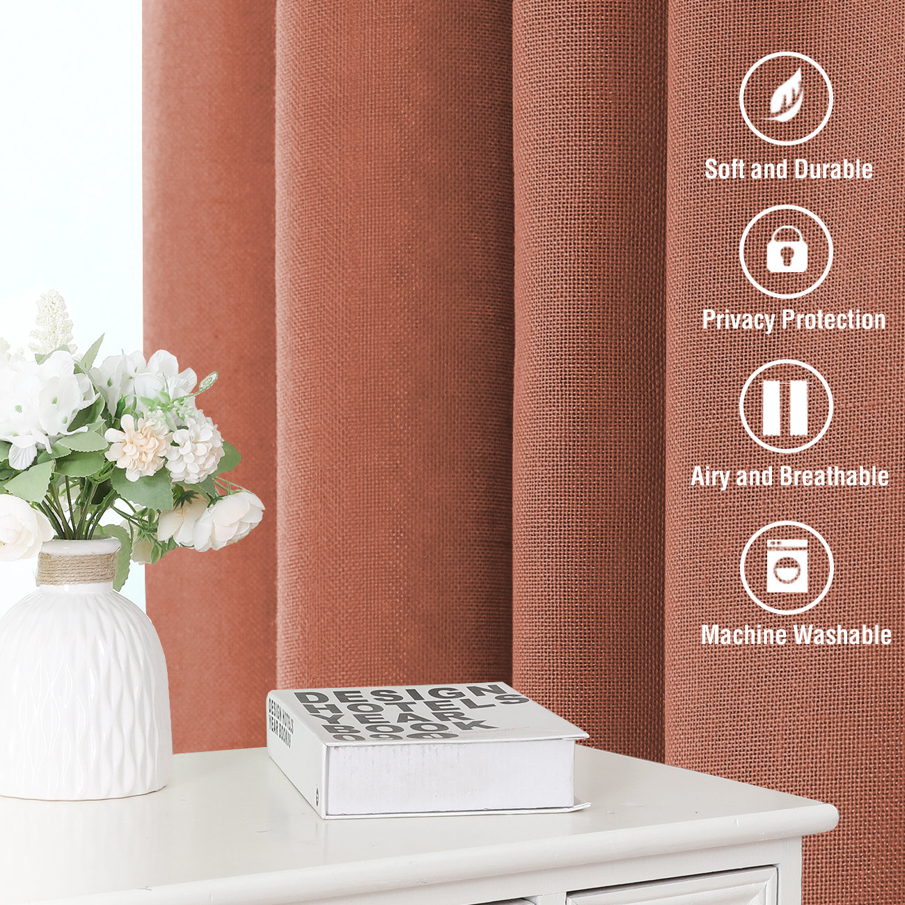 Linen Semi-Sheer Curtain Panel Set, 52" W x 63" L, Terracotta