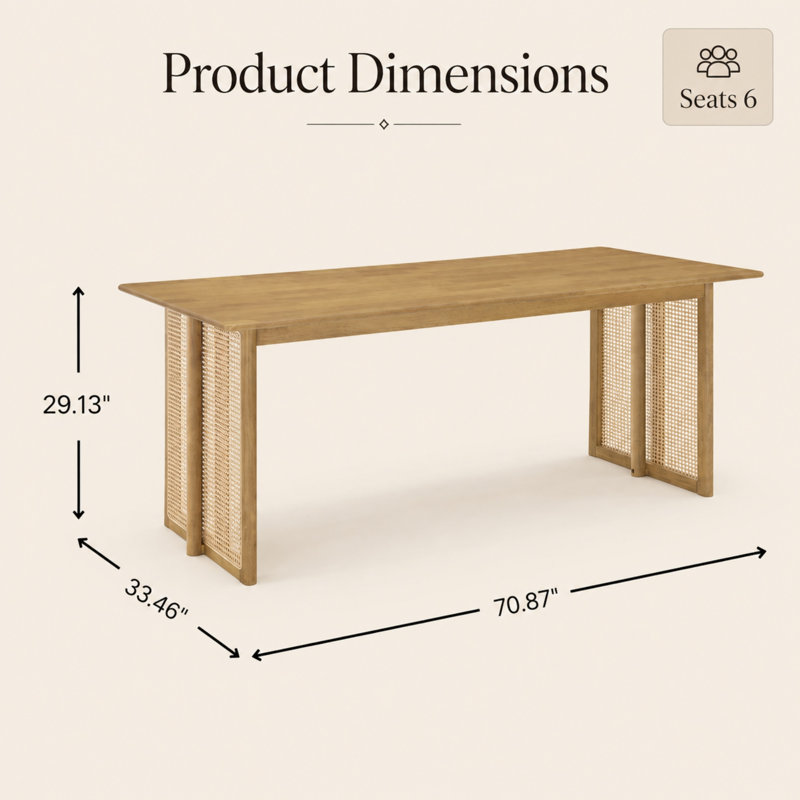 Table de salle à manger rectangulaire Vonnie de 180 cm (70,87 po) en bois d'hévéa avec accents en rotin tressé, table de cuisine et de salle à manger pour 6 personnes, capacité de 363 kg (800 lb)